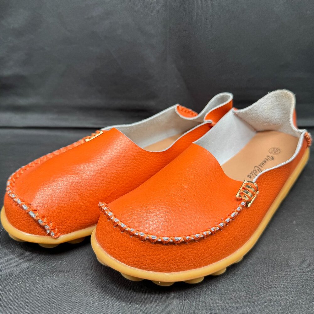 Venus Celia Women's Orange Moccasins Natural Comfort Leather Loafer Size 40(8.5)